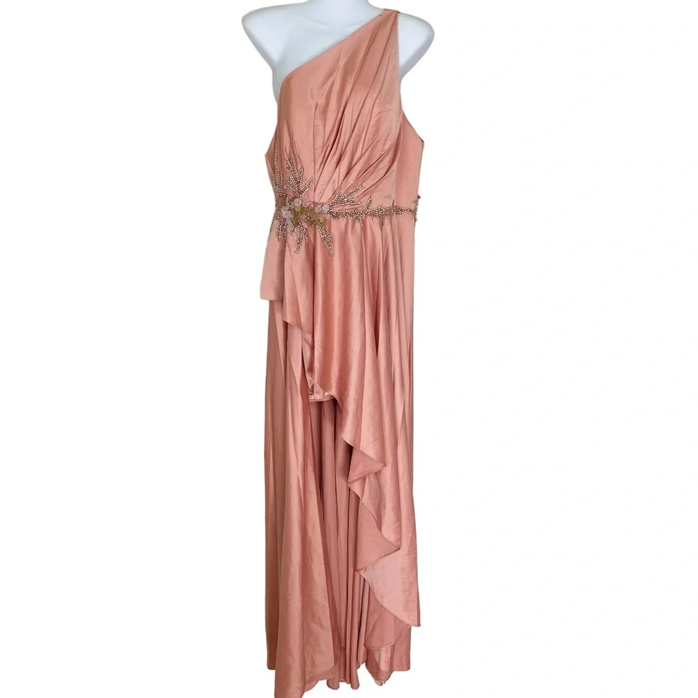 Mac Duggal Peach Pink Embellished Beaded Satin One-Shoulder Gown Prom Dress - Picture 2 of 7
